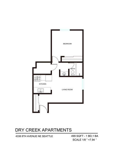 Floor plan for 1 bed, 1 bath, 499 sqft